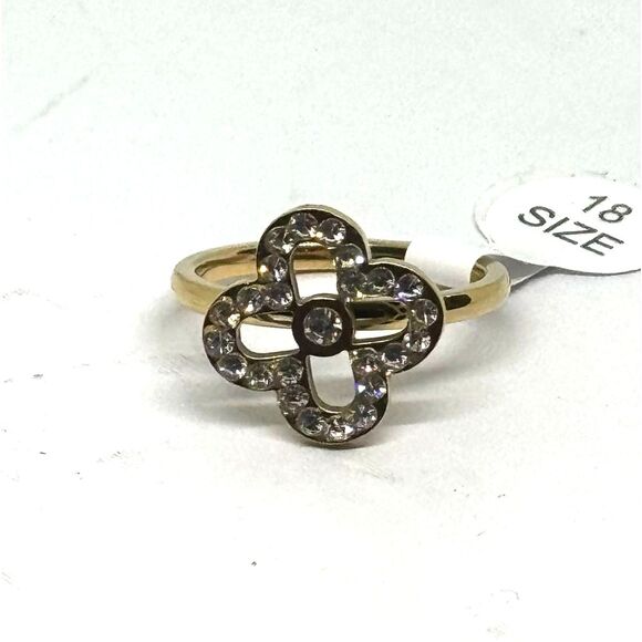 Gold Tone Crystal Rhinestone Clover Stainless Steel Fashion Ring SZ 7 - Picture 3 of 9